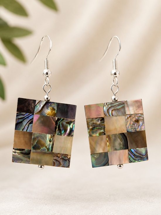 Jewelry - Sterling Silver Abalone Mosaic Drop Earrings - Iridescent Multi